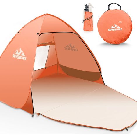 Abri de plage tente pliable Orange 230×125×175cm Anti UV Grand tapis fenêtre jusqu'à 3 personnes