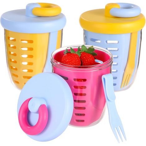 Ensemble de 3 boîtes de conservation pour fruits avec couvercles et fourchettes, saladiers à double compartiment avec paniers d'égouttage, boîtes alimentaires portables et étanches pour réfrigérateur (1/5)