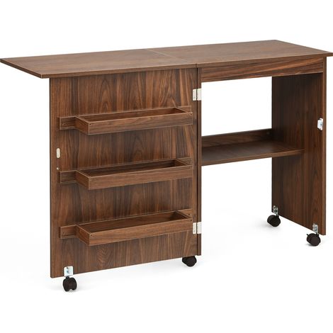Table de couture pliante marron en MDF avec 3 bacs de rangement, étagère et roulettes avec frein pour atelier, bureau et chambre (1/5)