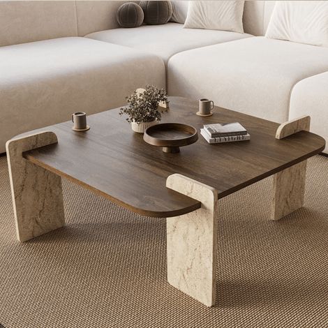 Japandi Couchtisch Walnuss mit Travertin – Melamin – 90 x 90 cm –