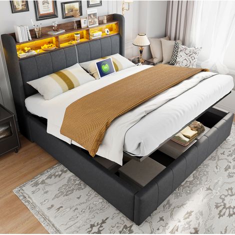 Lit coffre rembourré en lin gris 160x200 cm avec LED, USB-C et rangement, sommier à lattes inclus (1/5)