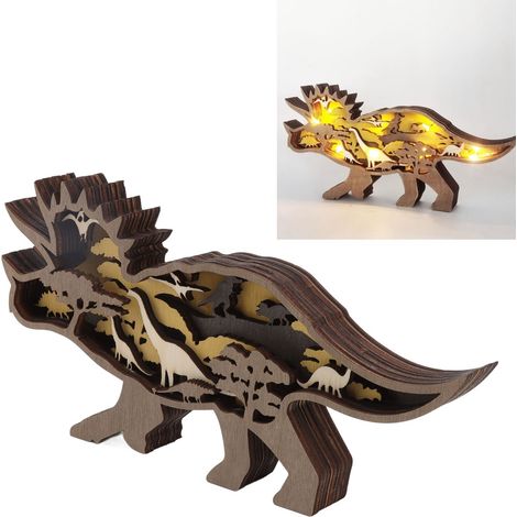 Lampe en bois représentant un animal sculpté dans du buis, idéale pour une fête ou un bureau. Sculpture d'animal décorative. Ornement de dinosaure à cornes. (1/5)