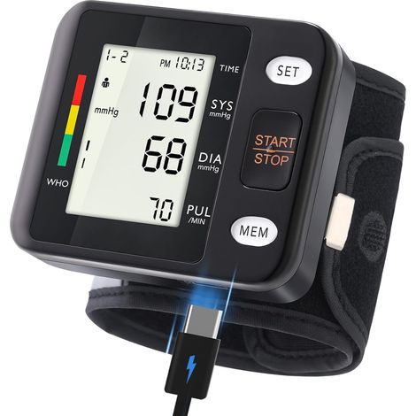 Tensiomètre - Montre de Poignet à Lecture Automatique Précise pour Hypertension Portatif avec Écran LCD Éclairé, Boîtier de Stockage et Manchette Réglable Alimenté par Batterie ou Charge via USB-C (1/5)