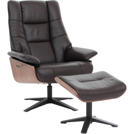 Sillón de relajación con reposabrazos y reposapiés en auténtico marrón y madera 040007823 (1/5)