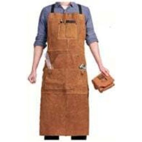 Grembiule da saldatore con 6 tasche, grembiule da lavoro in pelle ignifuga e resistente al calore, grembiule da carpentiere regolabile per uomo (taglie dalla M alla XXXL), perfetto per fabbri, meccani (1/5)