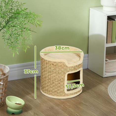 Arbre à chat compact griffoir sisal peluche Ø38x37cm, pour chat jusqu’à 5kg beige kaki (1/5)