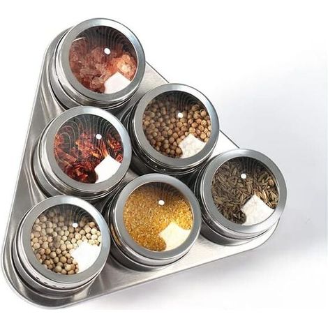 Set mit 6 runden magnetischen Gewürzdosen aus Glas und Edelstahl, magnetische Gewürzbehälter für die Küche, rostbeständig, leicht zu reinigen (1/4)