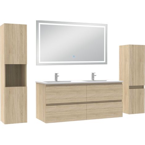 Ocean Ensemble meuble Salle de Bain 120cm avec colonne et miroir lumineux 3 couleurs Chêne Wotan
