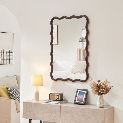 Specchio Ondulato da Parete Porloskid Montaggio Verticale e Orizzontale 90x60 cm Marrone Scuro [en.casa]