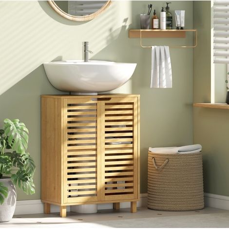 Meuble sous lavabo de salle de bain en bambou naturel, portes persiennes, 60 x 30 x 80 cm (1/5)