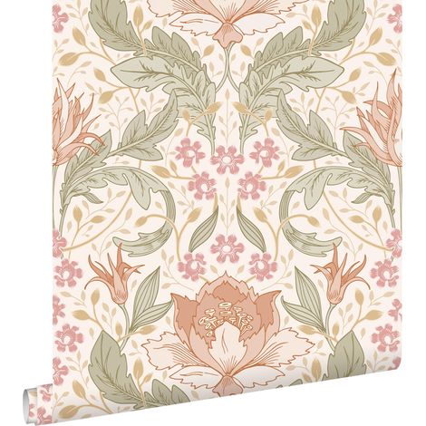 papier peint fleurs vintage de style art nouveau beige, rose et vert - ESTAhome (1/5)