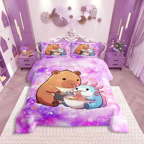 Parure de lit avec housse de couette 135 x 200 cm, motif animaux de dessin animé, ciel étoilé et bulles Rose ombré (1/5)