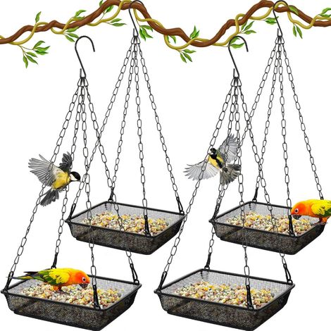 Comedero colgante para pájaros de 4 piezas con plataforma y malla metálica para aves silvestres de exterior - Negro (cuadrado) (1/3)