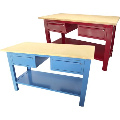 Banco da lavoro SOGI 1,5 metri con piano in legno portata 1000 kg + 2 cassetti - blu/rosso, ColoreBlu (1/5)