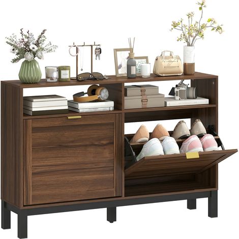HOMCOM Narrow Shoe Cabinet with 2 Flip Drawers, Modern Shoe Storage Cabinet