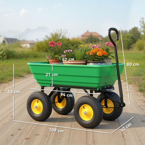 Chariot de jardin 75 L en acier et PP (avec plateau inclinable et poignée), 109 x 52 x 94 cm, vert (1/5)
