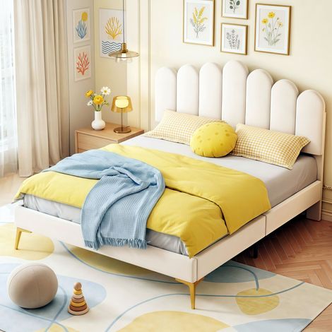 Lit double capitonné 140x190 cm, tête de lit réglable au pouce, sommier à lattes, pieds en métal, tissu velours, adapté aux adultes et adolescents, Beige
