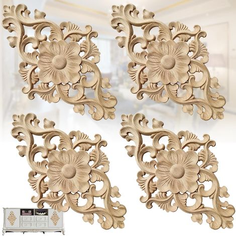 Lot de 4 autocollants rétro en bois sculpté, coins en bois non peints, imitation bois d'hévéa, incrustations d'angle en bois sculpté, appliques décoratives pour meubles et armoires.