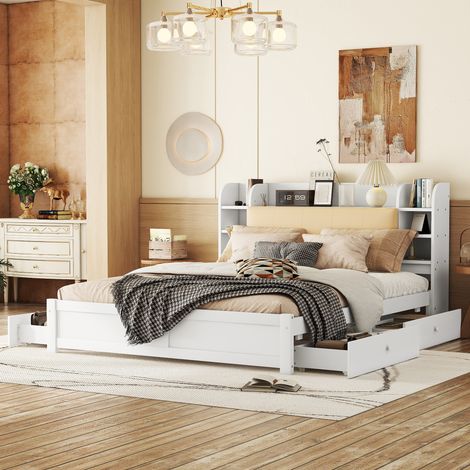 Cama doble 180x200 cm cuatro cajones cabecero con múltiples compartimentos de almacenaje estructura de pino color blanco(Sin Colchón) (1/5)