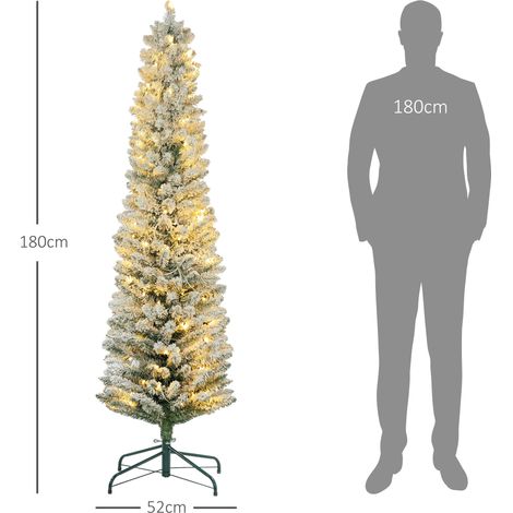 Sapin de Noël enneigé, 329 branches, avec lumières LED blanches, en plastique et métal, 52 cm de diamètre x 180 cm de hauteur, vert (1/5)