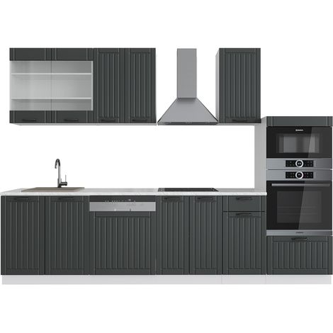 Mueble de cocina Fame-Line, Antracita casa de campo/blanco, 300 cm con armario alto, ET Mármol, Vicco