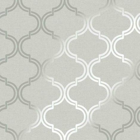 Holden Decor Grey Geometric Pattern Silver Metallic Sparkle Trellis Wallpaper (1/4)