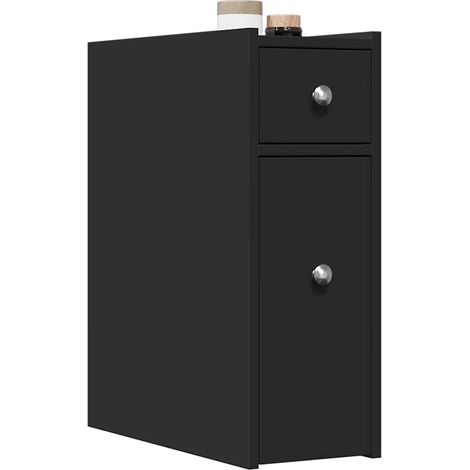 Badschrank Schmal mit Rollen Schwarz Holzwerkstoff