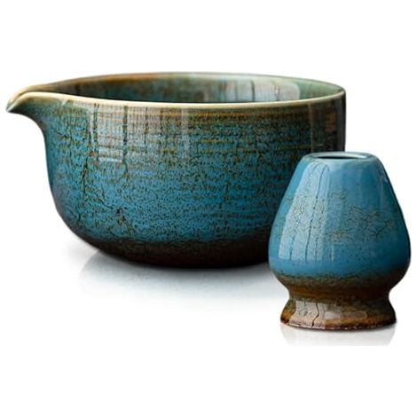 [JAMAIS UTILISÉ] Service à thé Matcha bleu, 2 pièces, comprenant un chawan (510 ml) et un porte-fouet en céramique. Accessoires minimalistes pour la maison, le bureau ou à offrir. (1/5)
