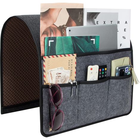 Organiseur d'accoudoir en caoutchouc antidérapant avec 4 poches pour canapé, fauteuil, fauteuil inclinable, support pour télécommande, smartphone, livre, magazines, tablette (gris)