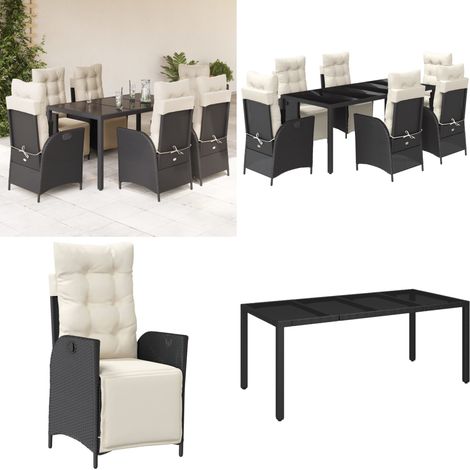 7-tlg. Garten-Essgruppe mit Kissen Schwarz Poly Rattan - Gartenstuhl - Gartentisch