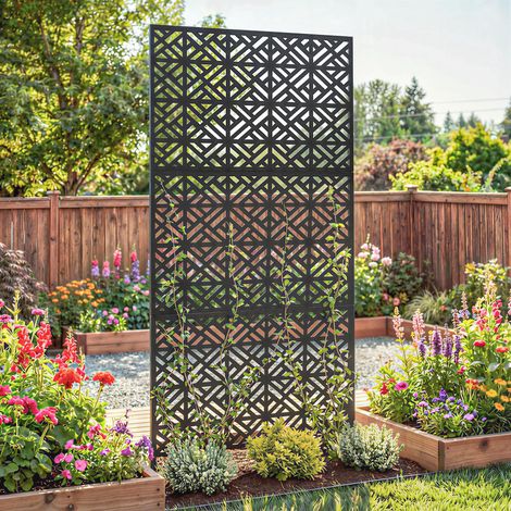 Panneau brise vue décoratif extérieur claustra décoratif jardin 3 panneaux géométrique métal noir à motif 92x40x192cm aménagement intérieur (1/5)