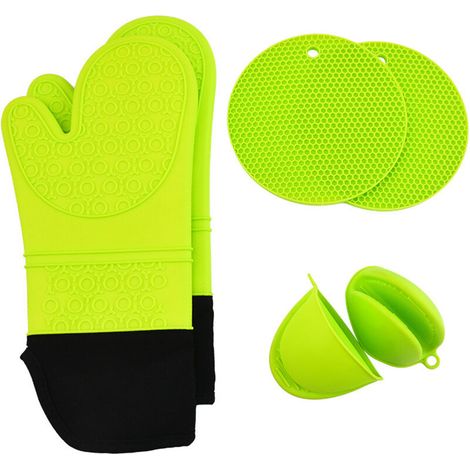 Lot de 6 maniques de four en silicone - Résistants à la chaleur - Antidérapants - Avec mini maniques et dessous de plat - Gants de cuisine pour pâtisserie, grillades (noir vert) (1/4)