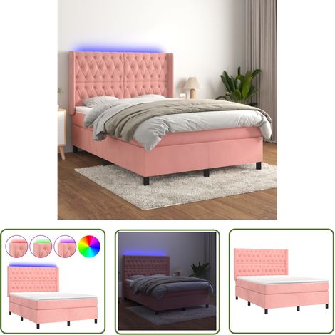 The Living Store Sommier à lattes de lit matelas et LED Rose 140x190 cm Velours - Lit Plateforme - Lit Capitonné - Lit Velours - Lit Avec Éclairage Led - Lit Double (1/5)