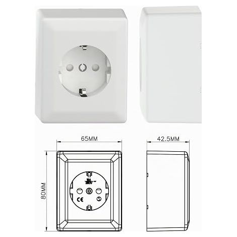 prise Schuko - En saillie - Prise murale - 250 V - 16 A - 80 x 65 mm - Blanc (1/4)