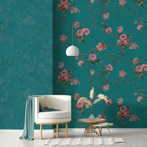 Papier peint intissé 3D - DECOPINE - Motif floral vintage - Bleu vert & fleurs roses - 0,53 × 10 m