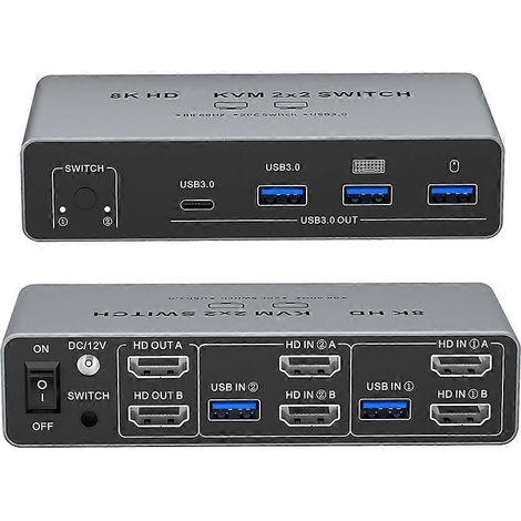Commutateur KVM 2x2 compatible HDMI 8K, commutateur double écran 2 entrées/2 sorties, compatible avec les ordinateurs portables/PC partageant moniteur, clavier et souris, prise standard européenne. (1/5)