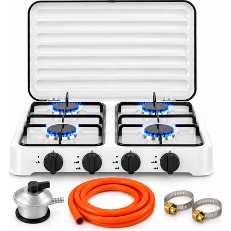 Hornillo de Gas Butano Foster 8800W de 4 Fuegos con Tapa Protectora, Regulador y Kit de Conexión (1/5)