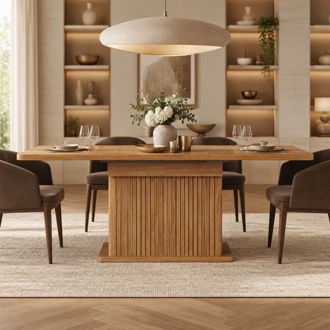 Mesa de comedor extensible 120-160 cm con almacenaje integrado, MDF y metal, marrón (1/5)