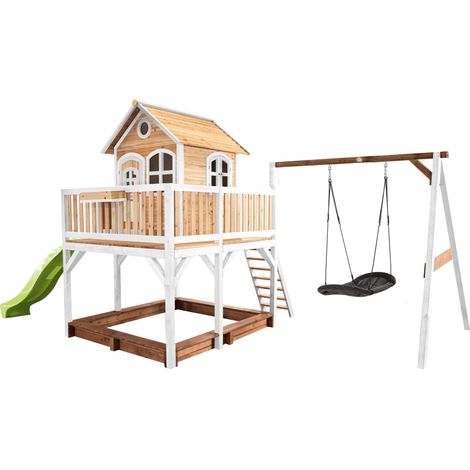 Axi Liam Maison Enfant Avec Bac À Sable, Balançoire Nid D’Oiseau Noir & Toboggan Vert Clair  Aire De Jeux Pour L'Extérieur En Marron & Blanc  Maisonnette / Cabane De Jeu En Bois Fsc