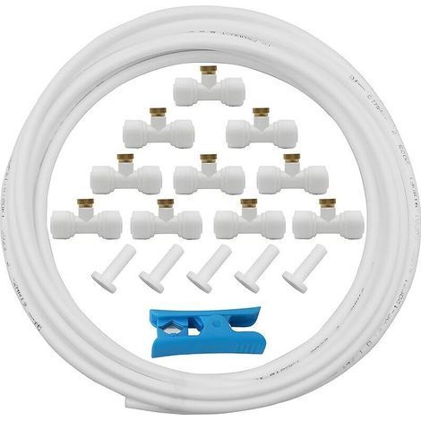 pair Systeme Brumisation, brumisateur terrasse exterieur Kit, tuyau d'arrosage 5 m + 10 buses de brumisation + 10 sièges de brumisation + 5 bouchons d'extrémité (blanc) (1/5)