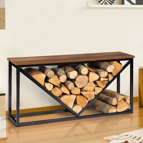 Leñero horizontal HAWKINS, acero negro, tapa de madera envejecida para chimeneas (1/5)