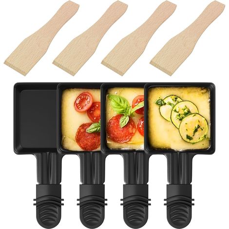 Lot de 4 Poelon Raclette Carré à Revêtement Anti-adhésif,Coupelle Raclette Barbecue avec Poignée Isolée pour Fromage Fondu Oeuf Frit Pomme de Terre, 4 Pcs Spatules en Bois (1/5)
