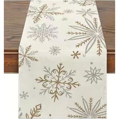 33x90cm, Chemin de table Flocons de neige de Noël, décoration de table hivernale avec flocons de neige dorés et argentés pour les fêtes de fin d'année (1/4)