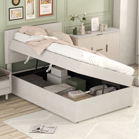 Cama individual tapizada minimalista beige 90x200 cm en madera y MDF, con cabecero y amplio espacio inferior (1/5)