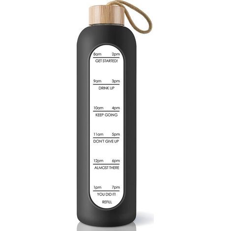 Bouteille d'eau en verre d'une capacité de 1 litre avec graduation horaire, manchon en silicone et bec verseur anti-fuite.
