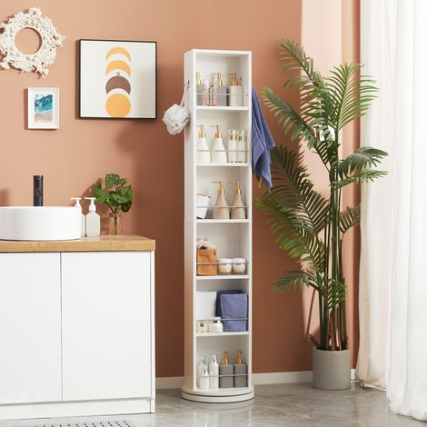 Mobiletto da bagno girevole con colonna e specchio, 6 ripiani, 36 x 36 x 171 cm, bianco