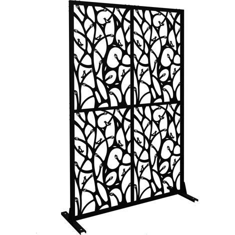 Paravent décoratif brise-vue jardin terrasse 183 x 115 x 40 cm design avec motif d'oiseaux en fer noir
