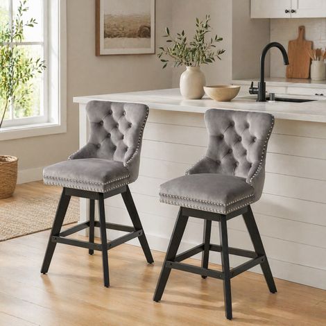 Set di 2 sgabelli da bar girevoli in velluto grigio 55 x 44,5 x 97,5 cm FloraGrace (1/5)