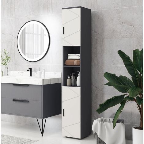 Armoire de salle de bain en bois gris foncé 30 cm avec étagères réglables et 2 niches ouvertes (1/5)