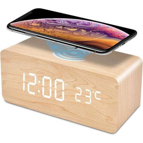 Digitaler Wecker, kabellose wiederaufladbare Holzuhr, LED-Wecker mit TemperatureSnooze für Kinder, Zuhause, Bambusholzfarbe (1/5)